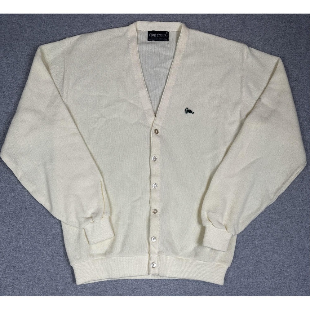 Vtg Challenger Cardigan Sweater Men XL Cream Button V Neck Orlon Turtle Logo 90s